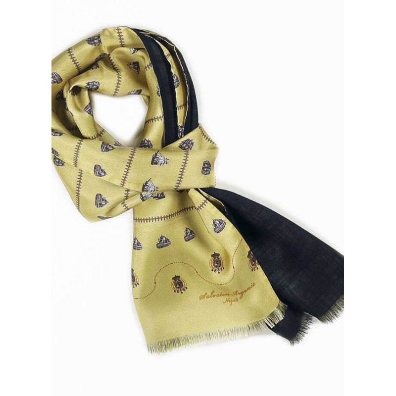 Sciarpa seta giallo lana blu Argenio Napoli vascelli Real marina Napoletana