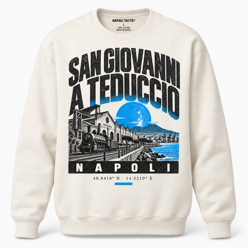 Felpa girocollo crema San Giovanni a Teduccio Napoli, collezione Quarters 2026 di Napoli Tattà®